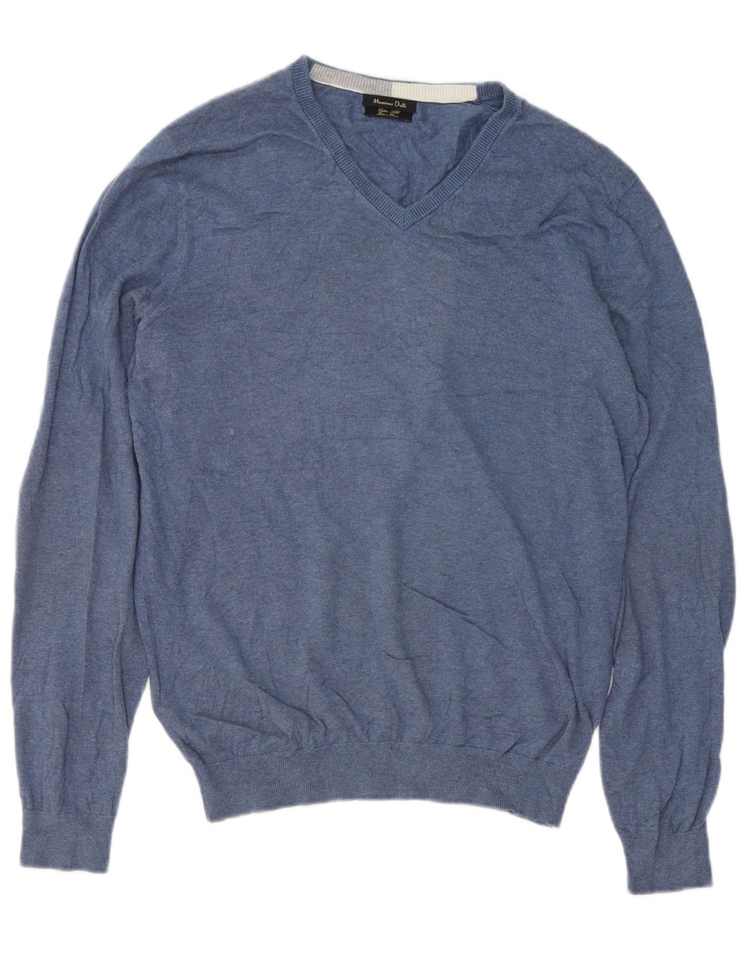 Suéter masculino Massimo Dutti com decote em V de algodão azul médio