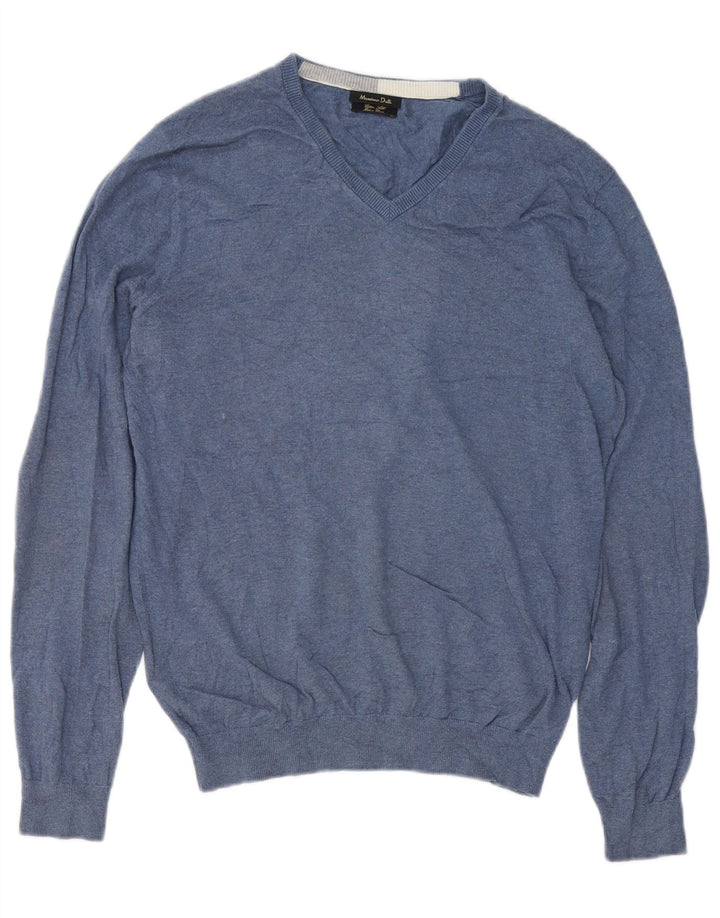 Suéter masculino Massimo Dutti com decote em V de algodão azul médio