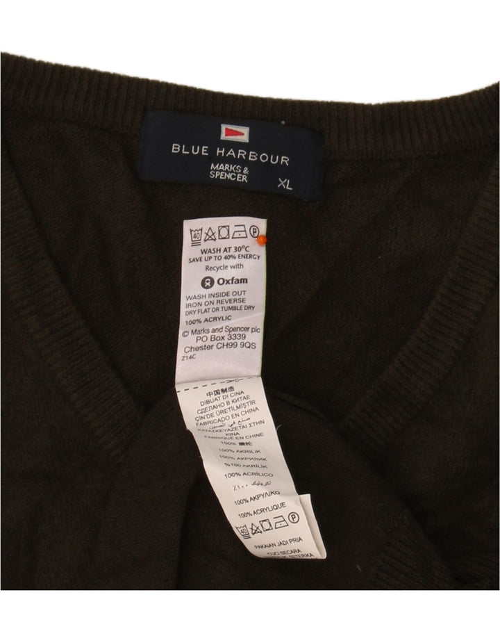 MARKS & SPENCER Mens Blue Harbour V-Neck Jumper Sweater XL Khaki Acrylic Vintage Marks & Spencer and Second-Hand Marks & Spencer from Messina Hembry 