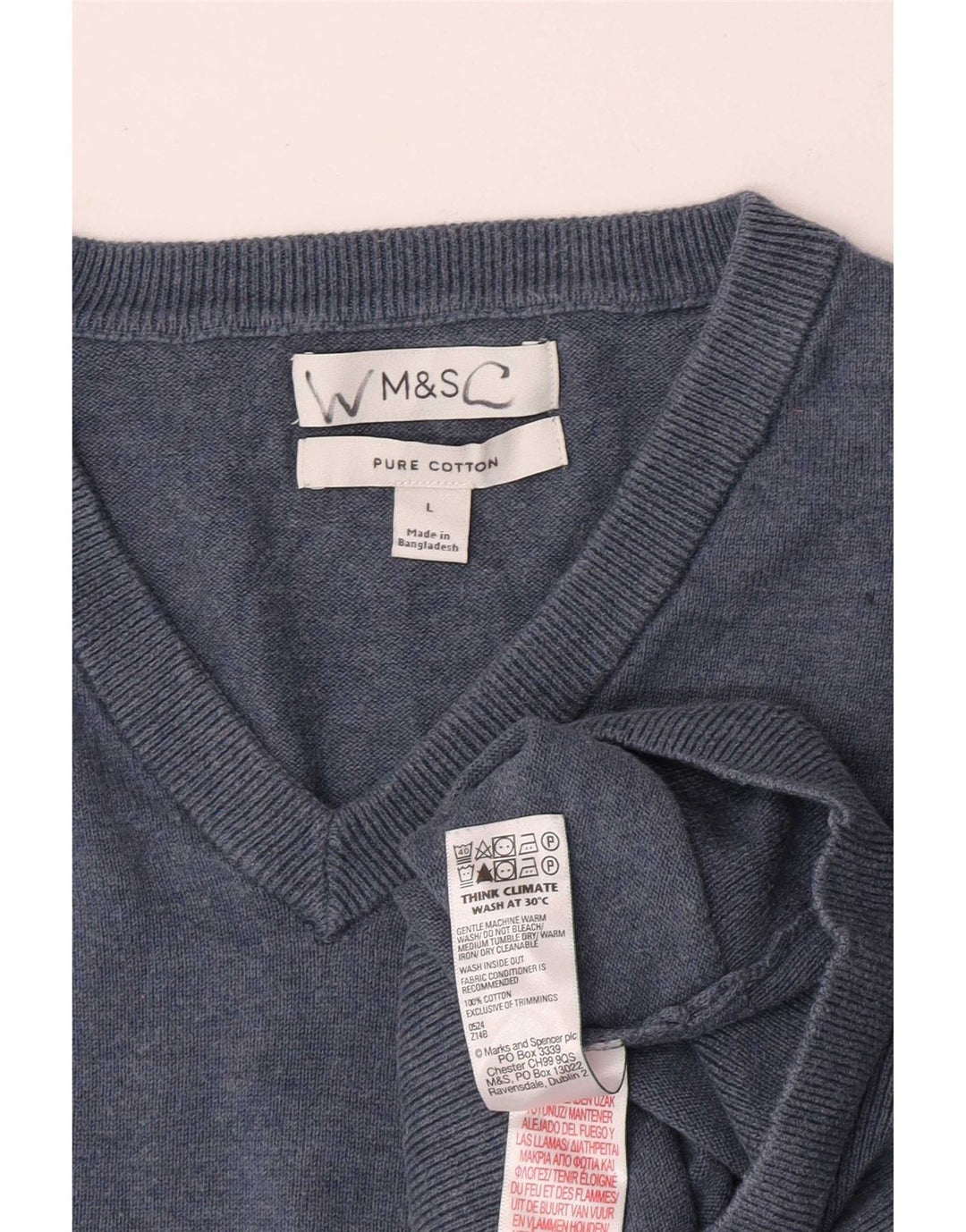 Suéter masculino Marks & Spencer com decote em V grande algodão azul