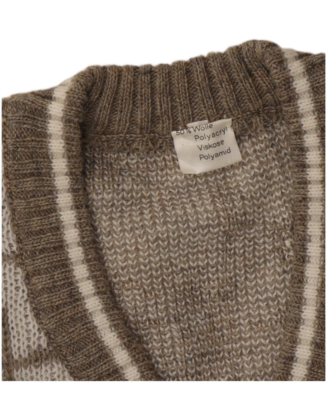 Suéter masculino VINTAGE com decote em V XL de lã geométrica bege