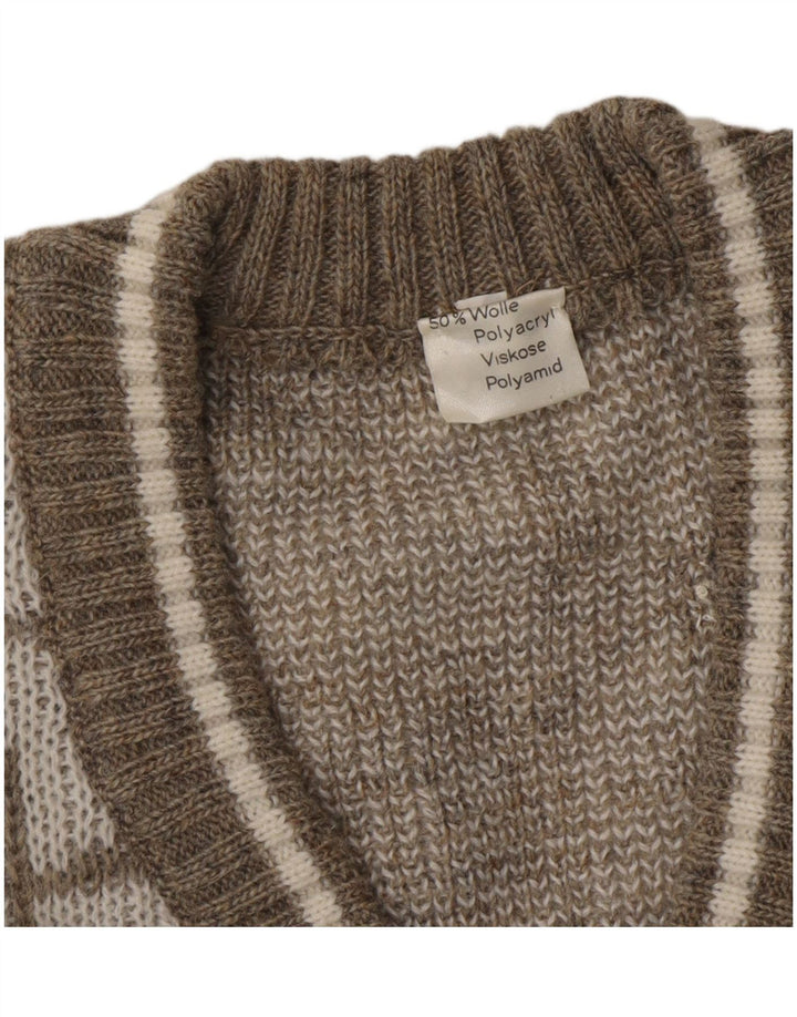 Suéter masculino VINTAGE com decote em V XL de lã geométrica bege