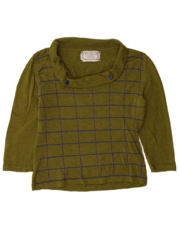 Suéter feminino vintage com manga 3/4 e gola redonda Reino Unido 14 xadrez cáqui médio