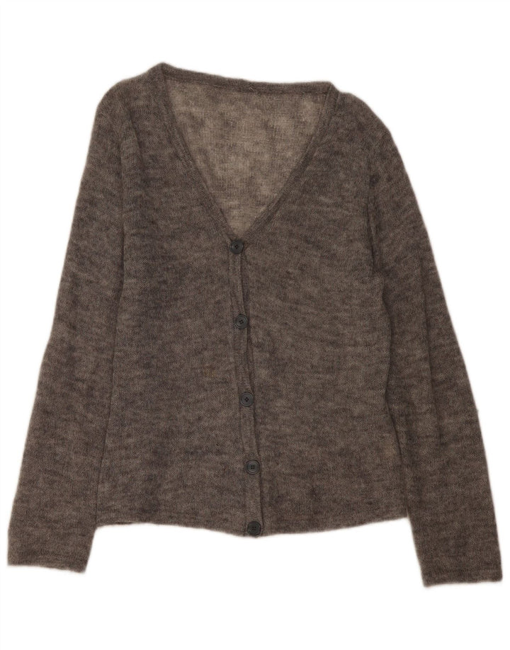 Suéter cardigã feminino vintage Reino Unido 16 grande elastano manchado cinza