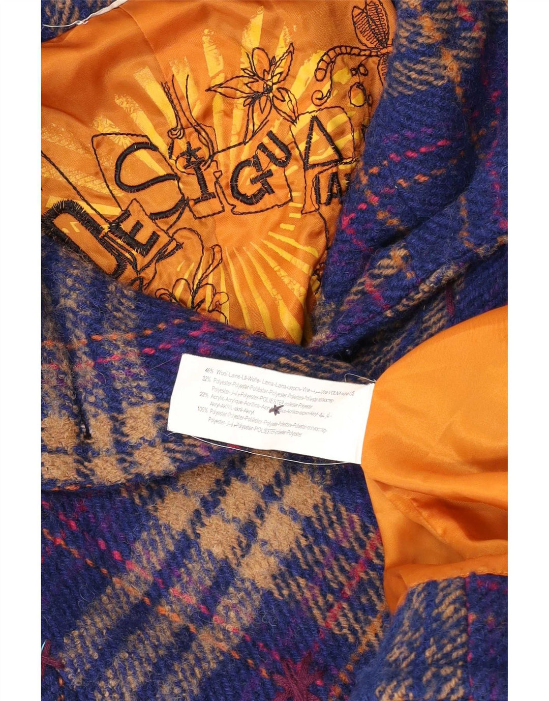 Sobretudo feminino Desigual UK 10 pequeno azul xadrez lã