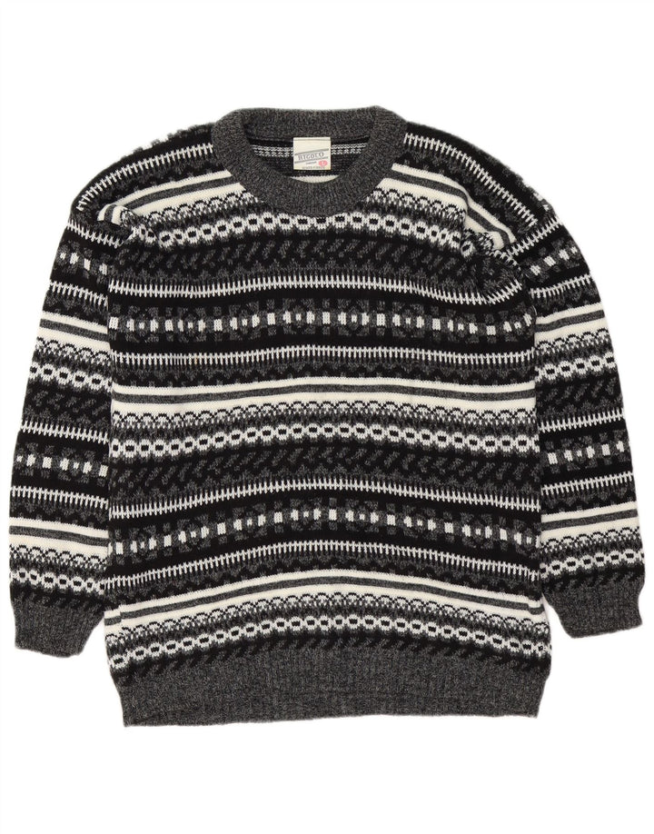 Suéter masculino vintage com gola canoa grande cinza Fair Isle