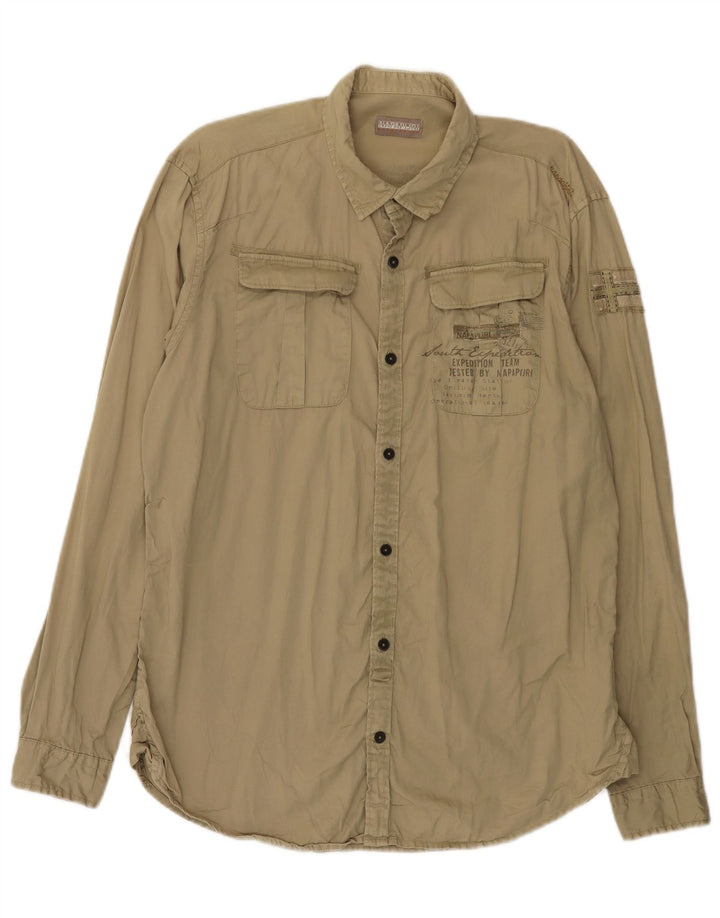 Camisa gráfica masculina Napapijri grande algodão cáqui