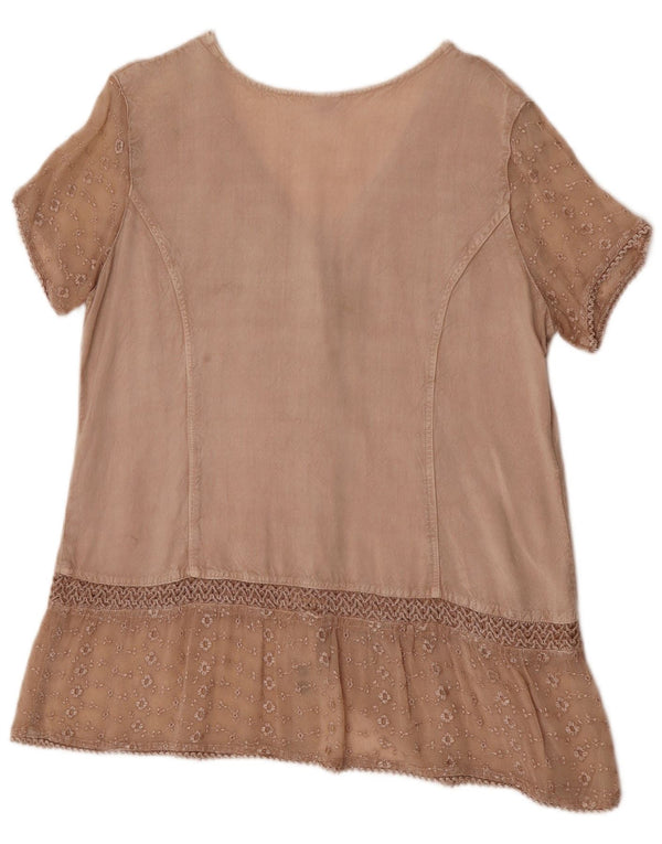 Blusa feminina vintage de manga curta UK 14 Viscose floral bege médio