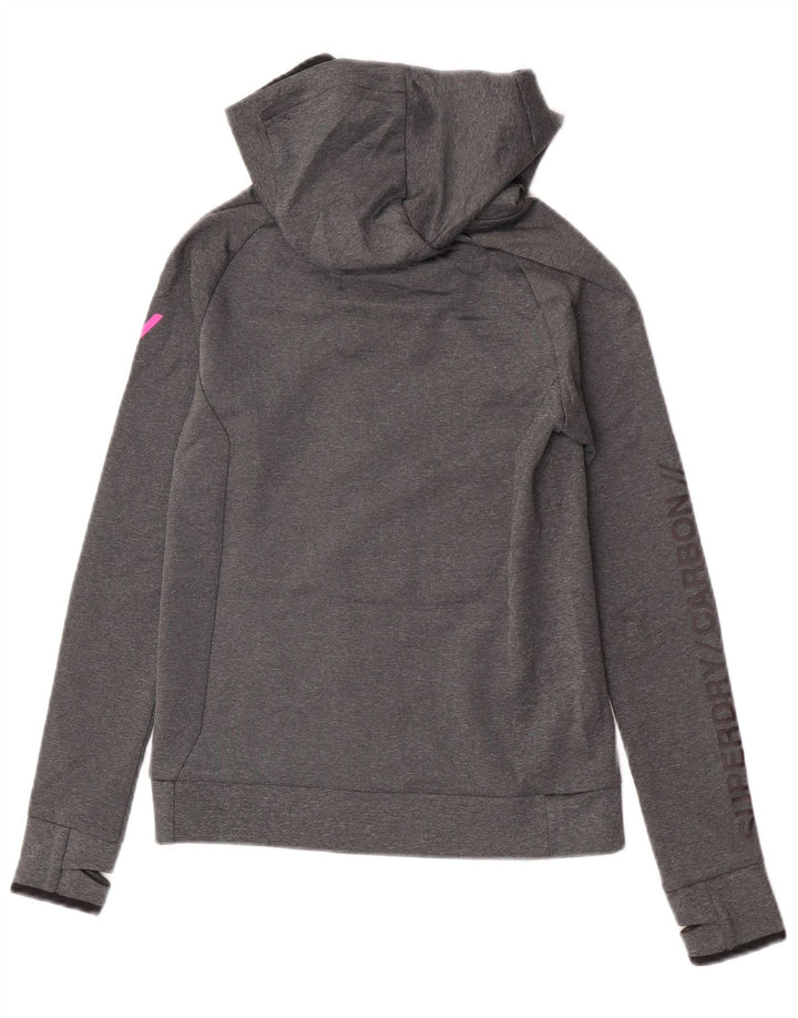 Suéter feminino Superdry com capuz e zíper gráfico UK 10 pequeno poliéster cinza