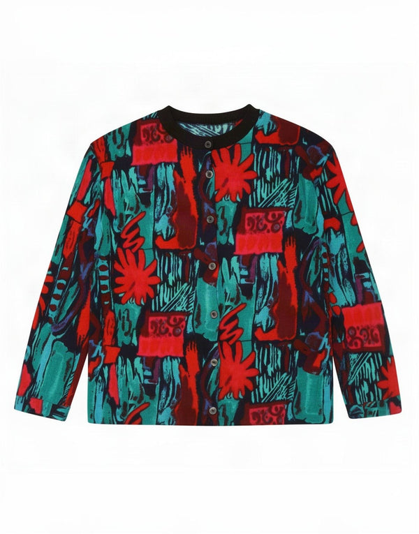 Suéter cardigã feminino vintage com padrão abstrato Reino Unido 16 grande multicolorido