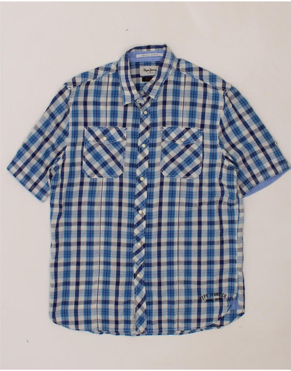 PEPE JEANS Camisa masculina de manga curta regular fit algodão xadrez azul médio