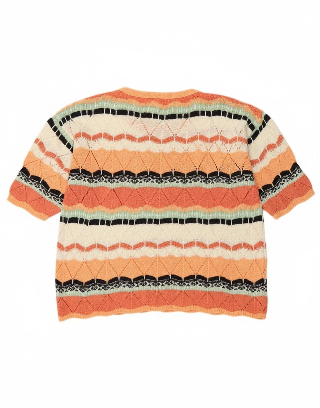 Suéter feminino vintage com gola redonda UK 14 médio laranja geométrico