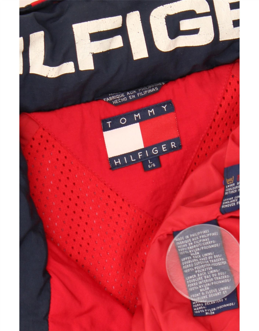 Jaqueta de chuva masculina Tommy Hilfiger com capuz Reino Unido 40 grande bloco colorido vermelho nylon