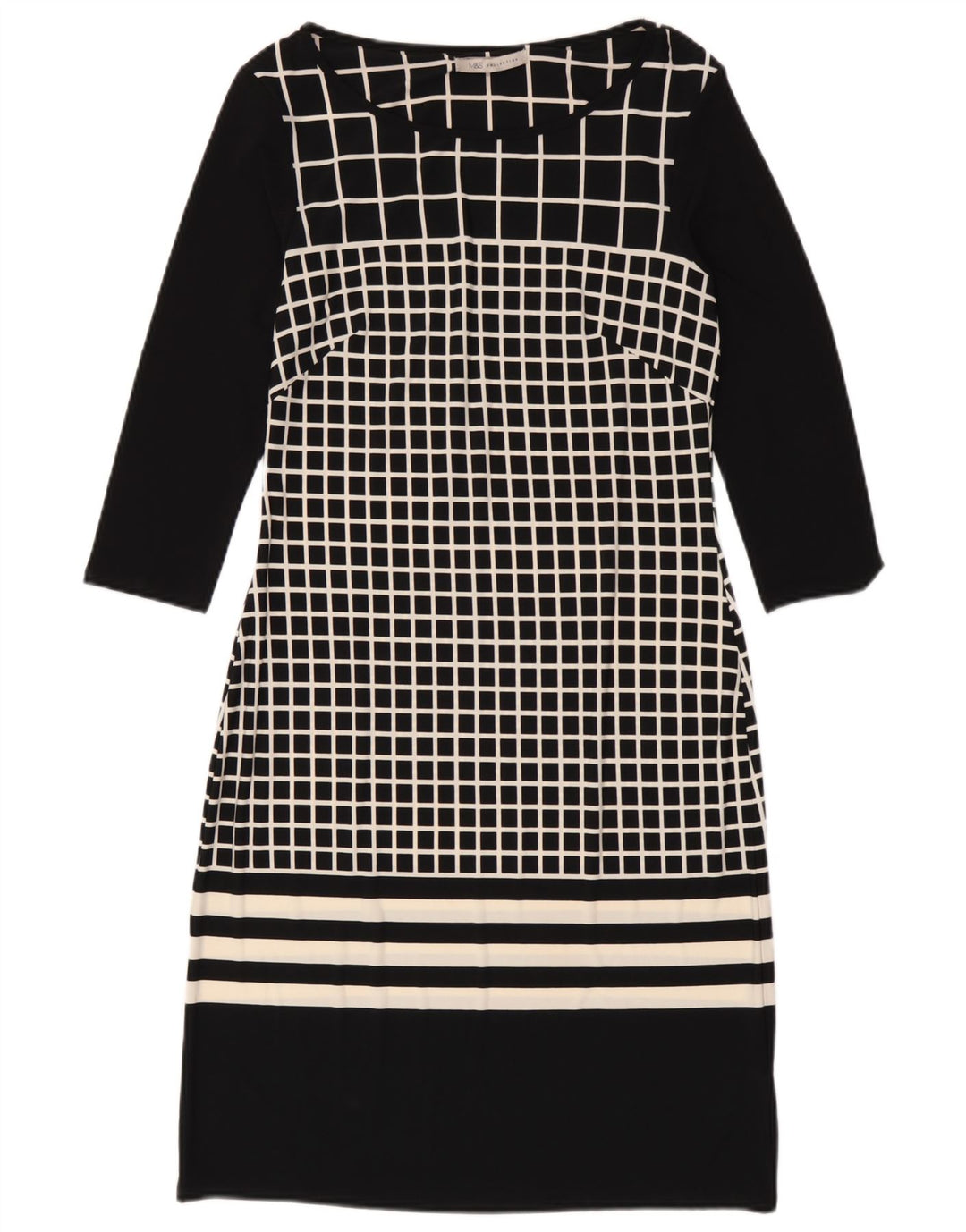 Vestido feminino Marks & Spencer manga 3/4 com bainha UK 8 pequeno preto xadrez