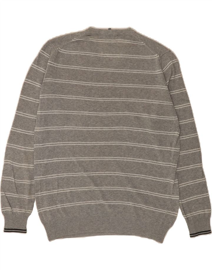 IVY OXFORD Mens V-Neck Jumper Sweater Large Grey Striped Cotton Vintage Ivy Oxford and Second-Hand Ivy Oxford from Messina Hembry 