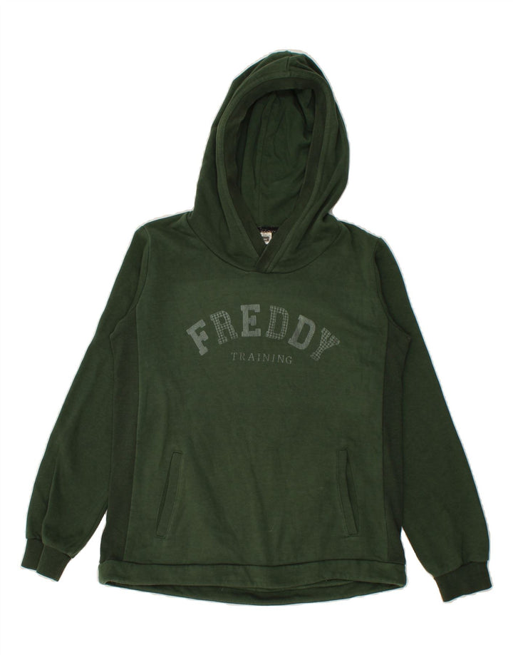 FREDDY Mens Graphic Hoodie Jumper Small Green Colourblock Cotton Vintage Freddy and Second-Hand Freddy from Messina Hembry 