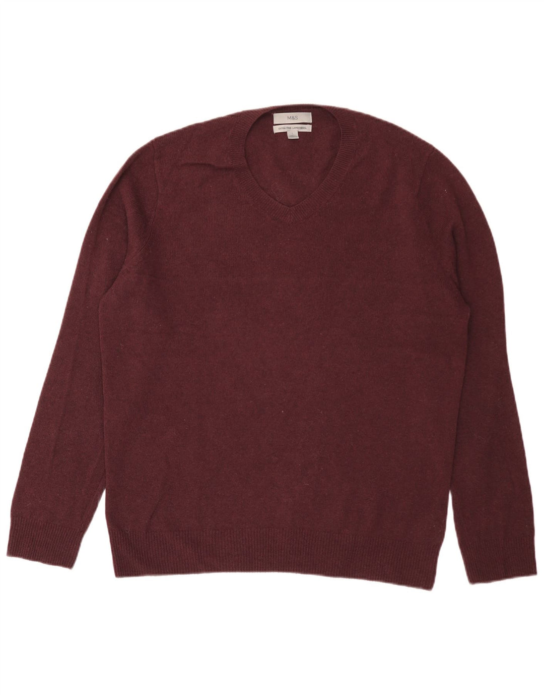 Suéter masculino Marks & Spencer com decote em V grande lã de cordeiro cor de vinho