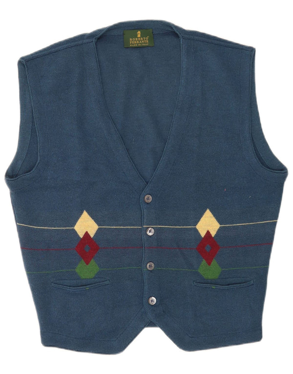 Suéter cardigã masculino vintage sem mangas IT 50 azul médio geométrico