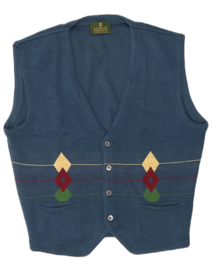 Suéter cardigã masculino vintage sem mangas IT 50 azul médio geométrico