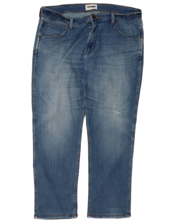 Wrangler Mens Greensboro Distressed Straight Jeans W34 L27 Azul Algodão