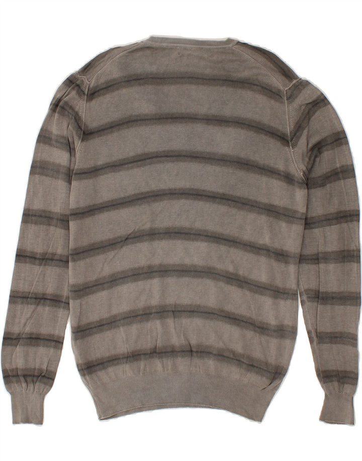 TRUSSARDI JEANS Mens V-Neck Jumper Sweater Medium Grey Striped Cotton Vintage Trussardi Jeans and Second-Hand Trussardi Jeans from Messina Hembry 