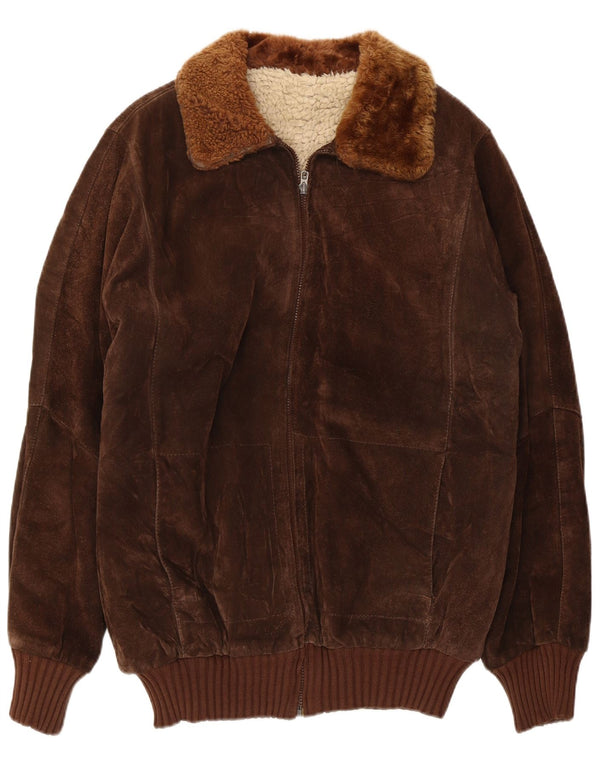 Jaqueta bomber masculina vintage de camurça sherpa Reino Unido 36 pequena marrom
