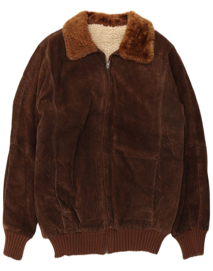 Jaqueta bomber masculina vintage de camurça sherpa Reino Unido 36 pequena marrom