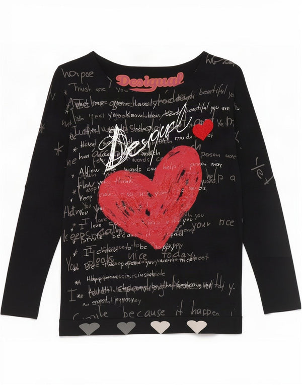 Desigual Top gráfico feminino oversized manga 3/4 UK 14 médio preto viscose