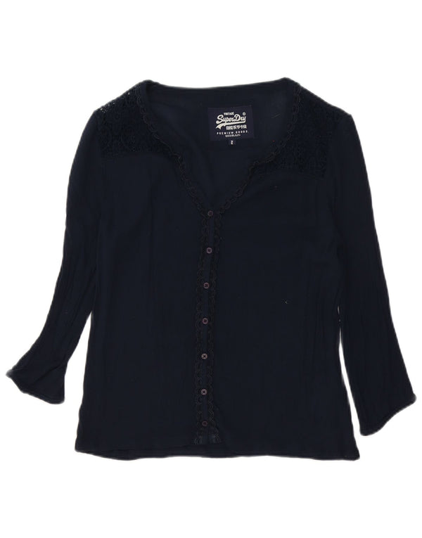 Blusa feminina Superdry manga 3/4 Reino Unido 6 XS azul marinho algodão floral