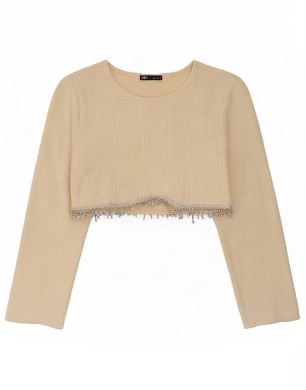 Zara Womens Crop Top Manga Longa Reino Unido 10 Pequeno Bege