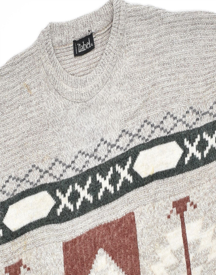 VINTAGE Mens Crew Neck Jumper Sweater XL Grey Fair Isle Wool Vintage Vintage and Second-Hand Vintage from Messina Hembry 