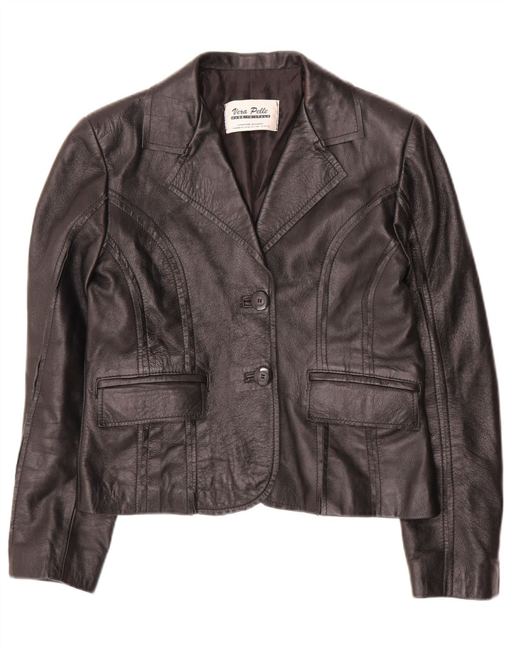 Jaqueta blazer feminina VINTAGE cortada com 2 botões IT 42 couro preto médio