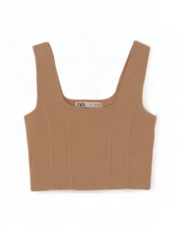 Top curto feminino sem mangas Zara Reino Unido 8 pequeno bege nylon