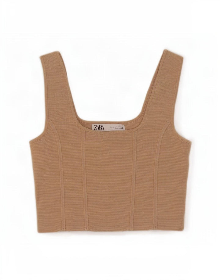 Top curto feminino sem mangas Zara Reino Unido 8 pequeno bege nylon