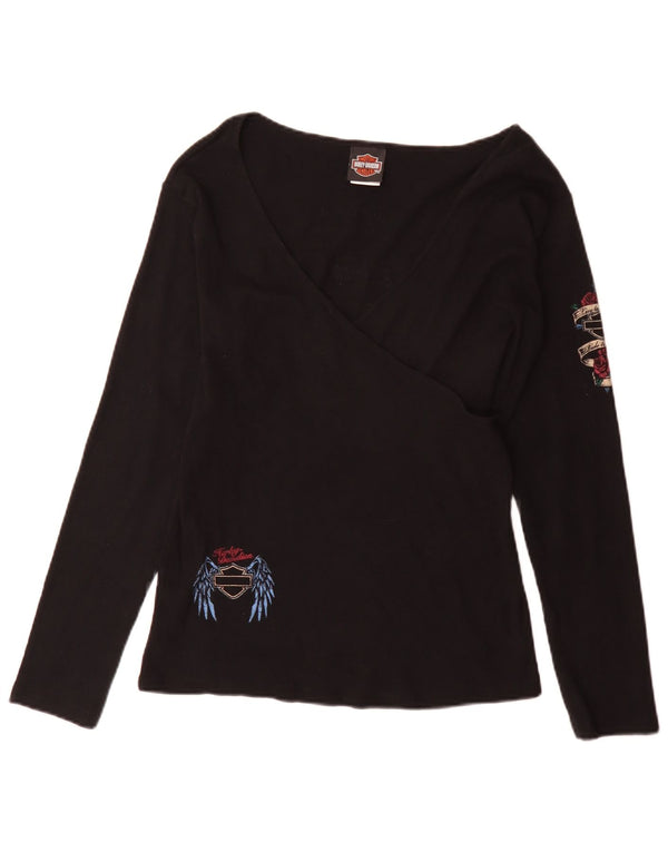 Top gráfico feminino Harley Davidson manga comprida UK 18 XL algodão preto