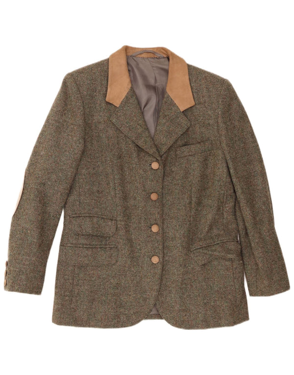 Jaqueta blazer feminina vintage com 4 botões Reino Unido 12 bloco colorido cáqui médio