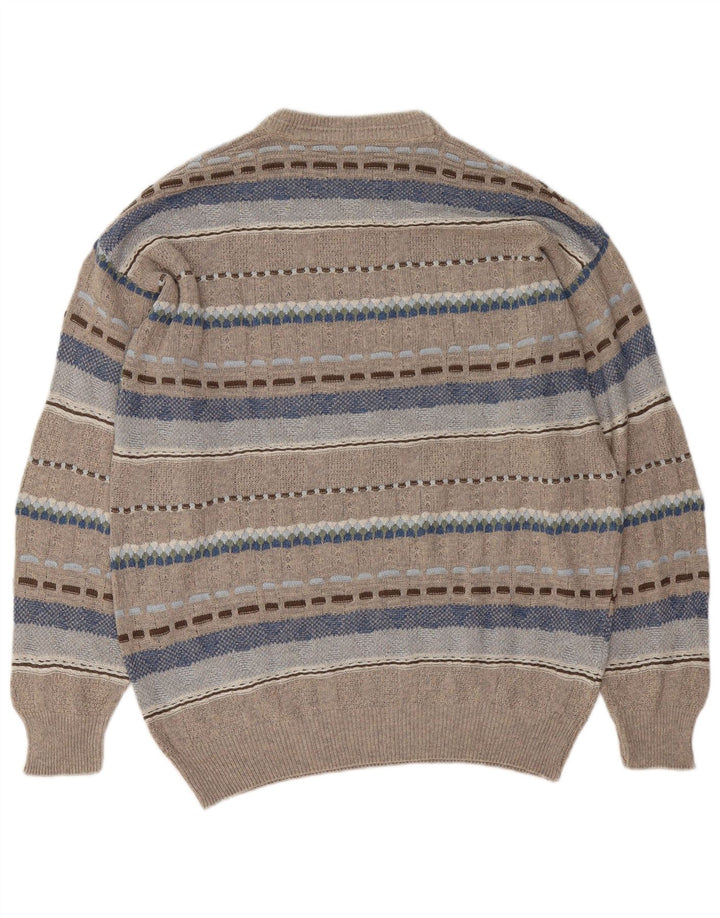 Suéter vintage masculino com gola redonda grande cinza geométrico
