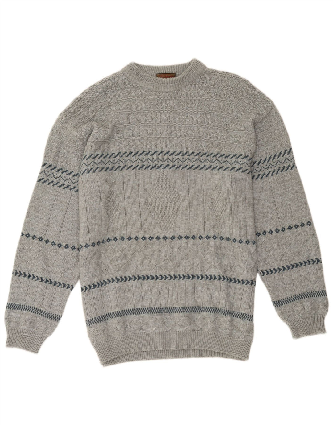 Suéter vintage masculino com gola redonda, grande acrílico geométrico cinza