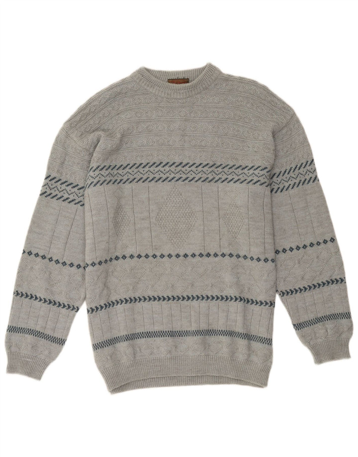 Suéter vintage masculino com gola redonda, grande acrílico geométrico cinza
