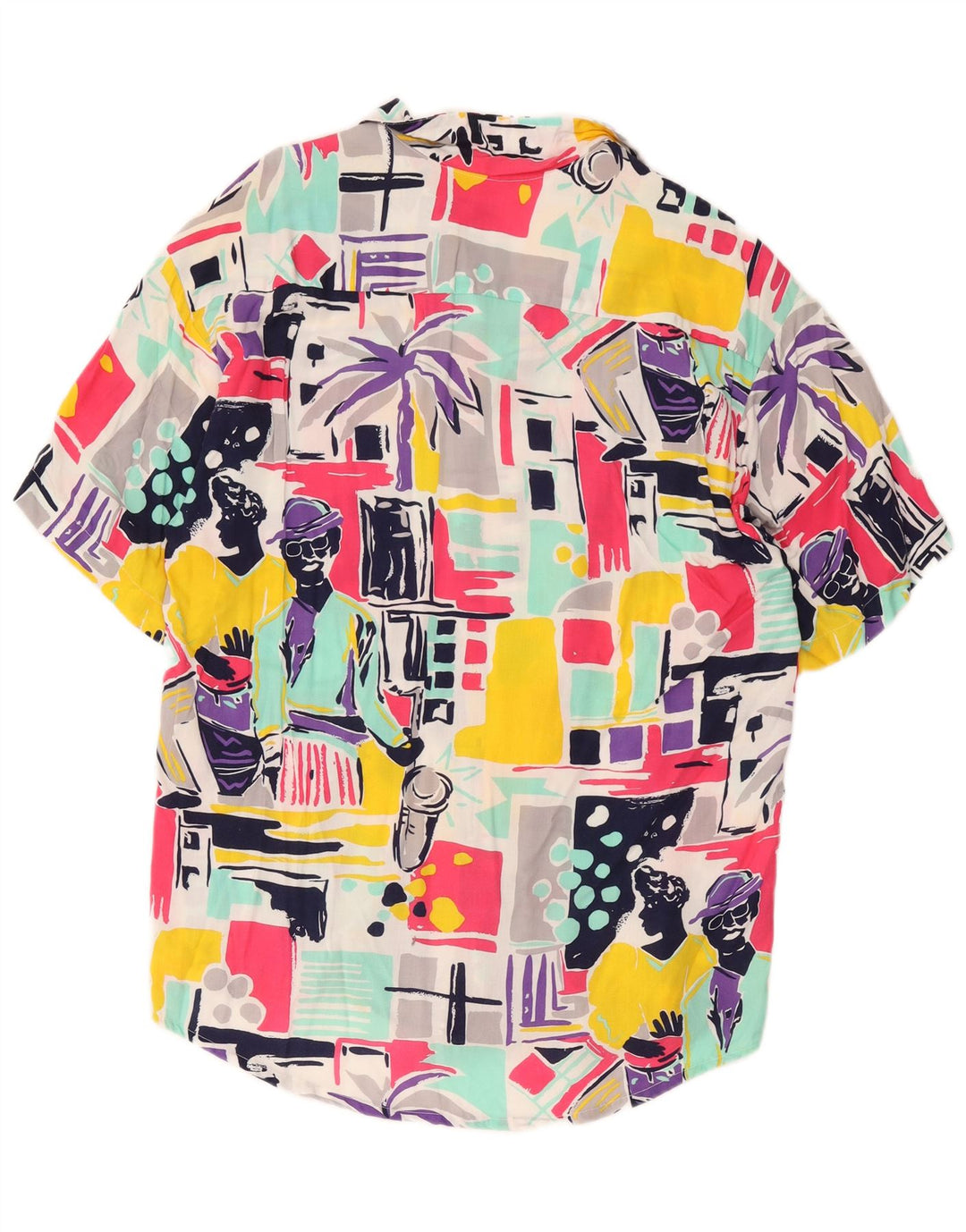 Camisa masculina vintage de manga curta com retalhos multicoloridos médios