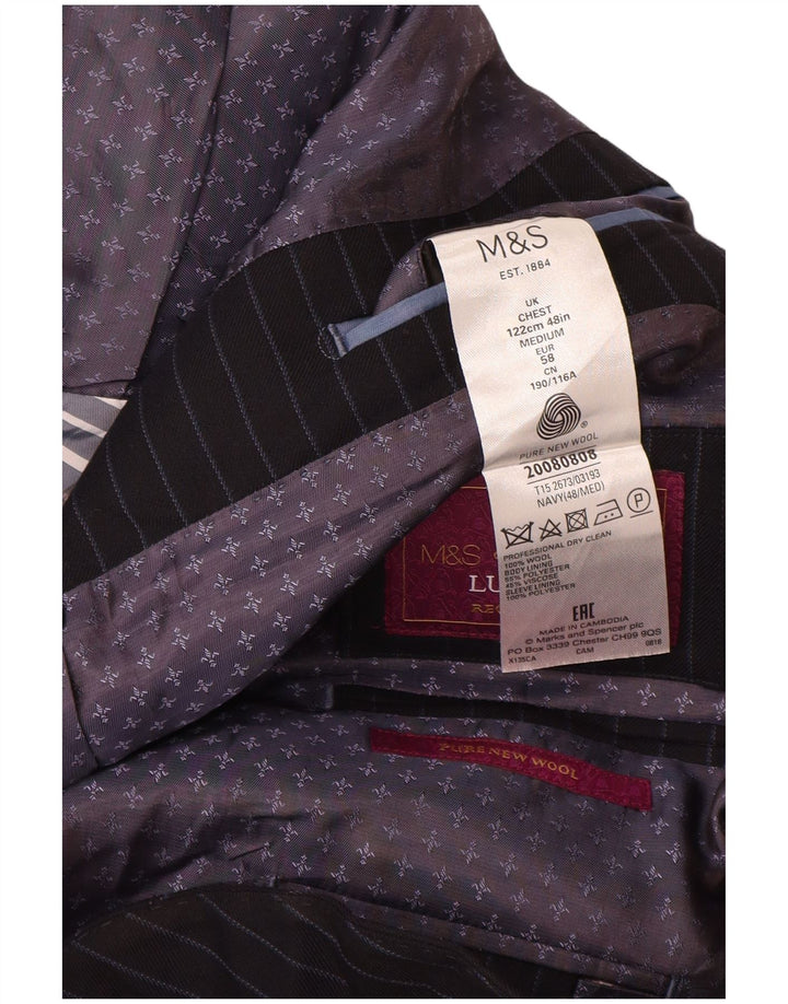 Jaqueta blazer masculina de 2 botões Marks & Spencer Reino Unido 48 4XL risca de giz azul marinho
