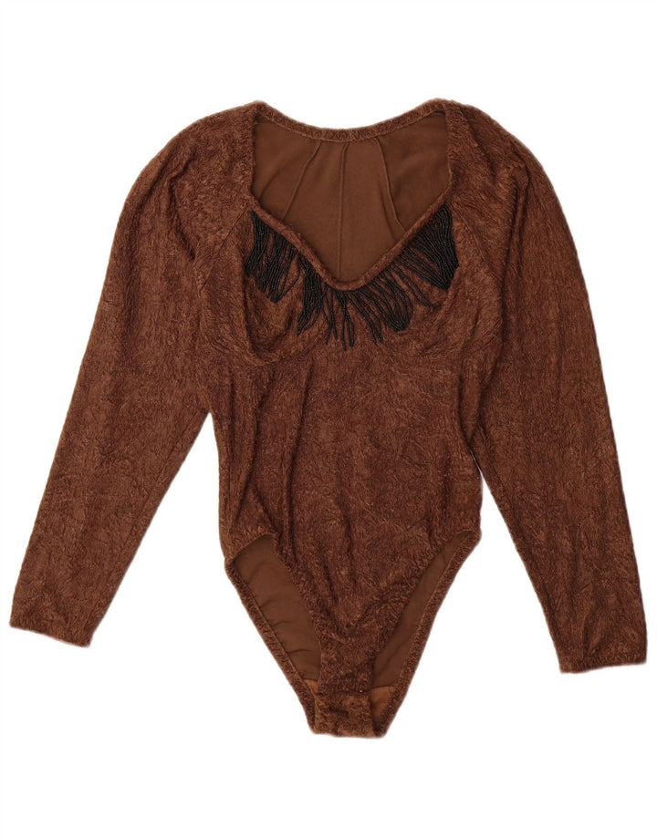 Body feminino vintage de manga comprida UK 12 poliamida marrom médio