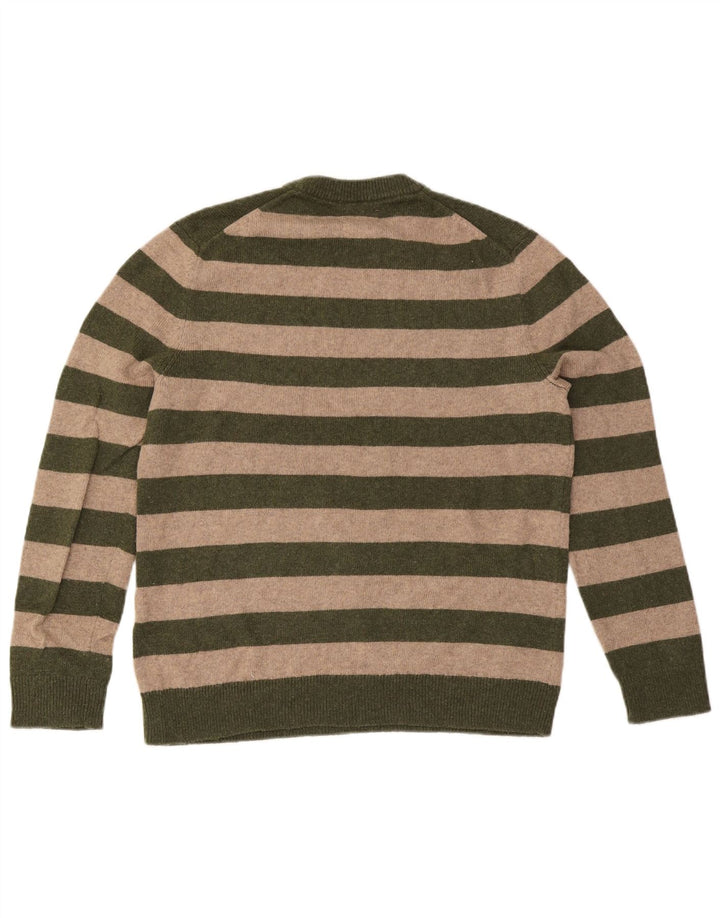Suéter masculino branco com gola redonda listrado grande cáqui