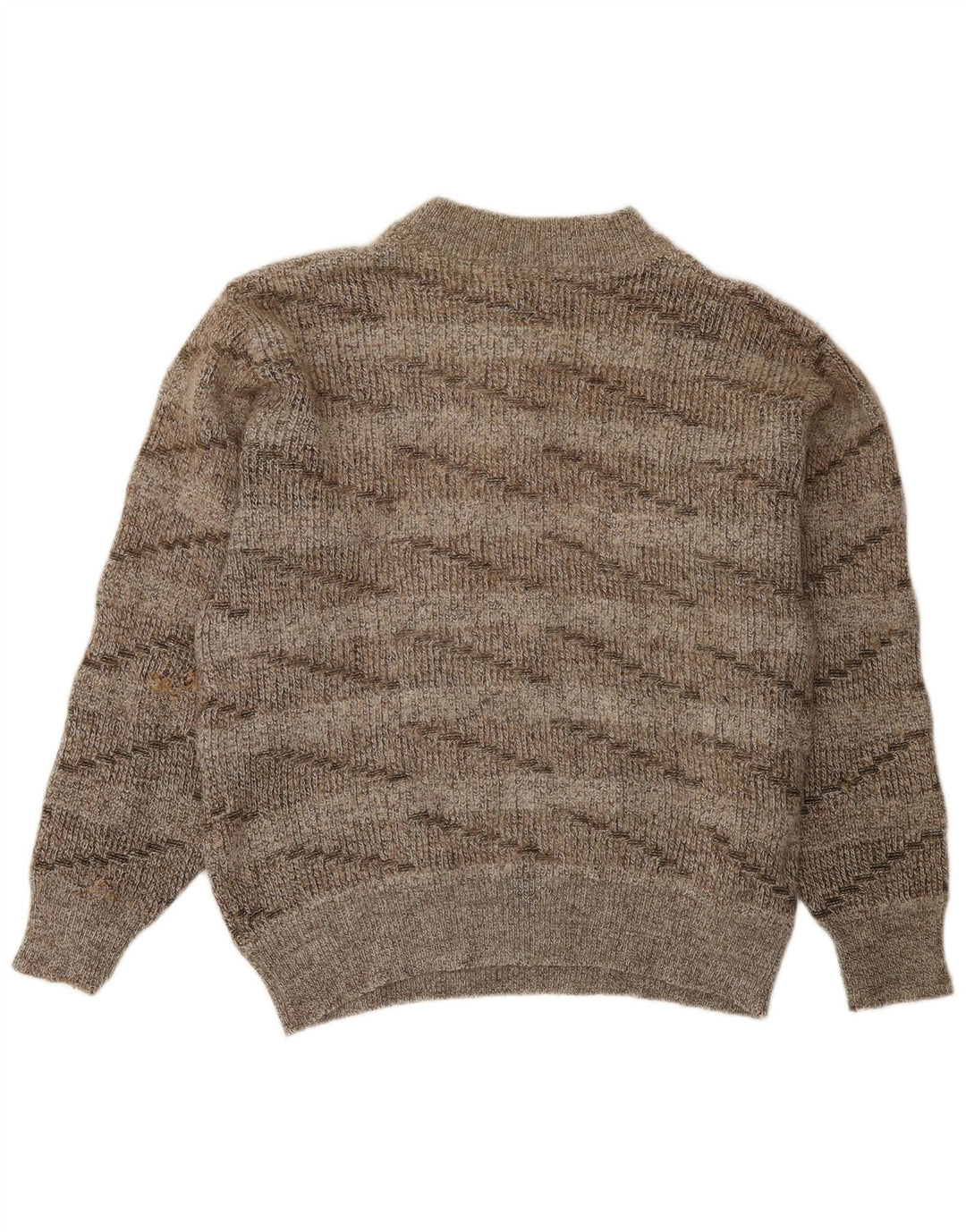 Suéter feminino vintage com gola redonda e botão UK 16 grande lã listrada marrom