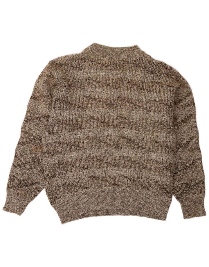 Suéter feminino vintage com gola redonda e botão UK 16 grande lã listrada marrom