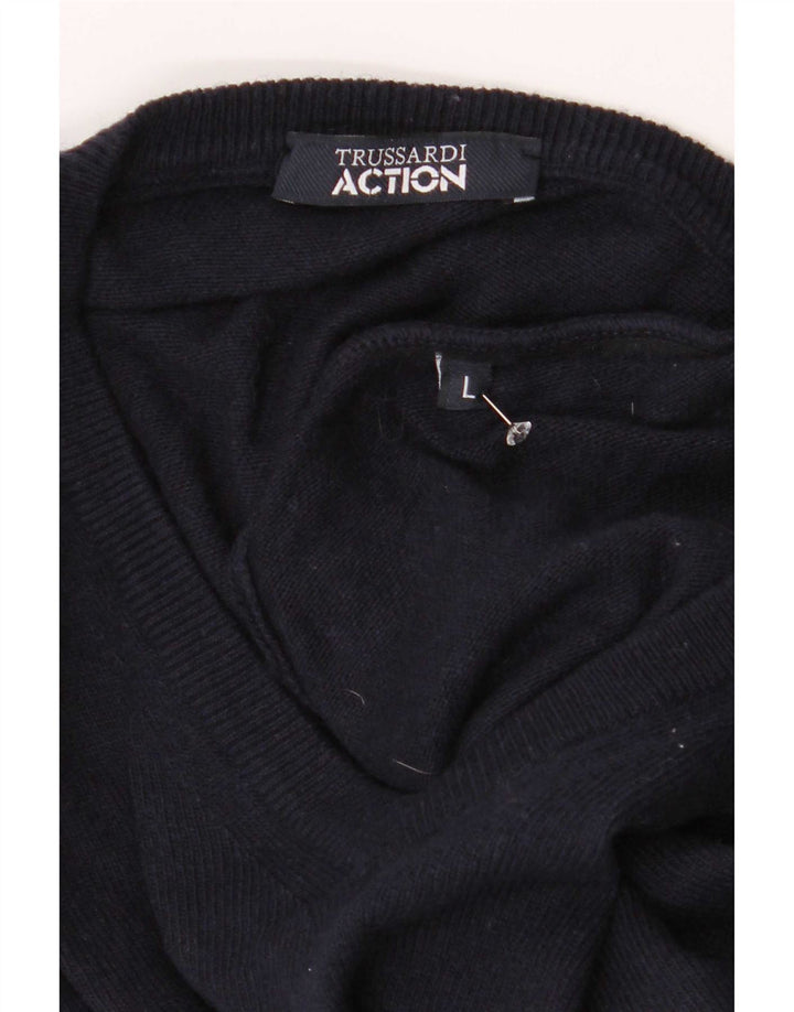 Suéter masculino Trussardi com decote em V grande poliéster azul marinho