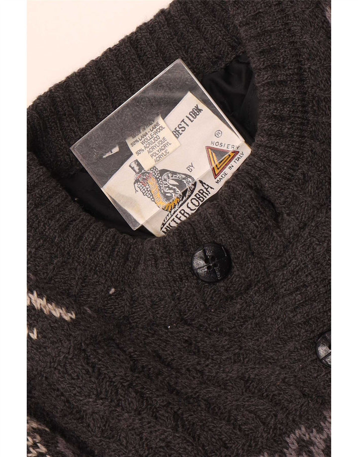Suéter cardigã masculino vintage grande lã Fair Isle cinza