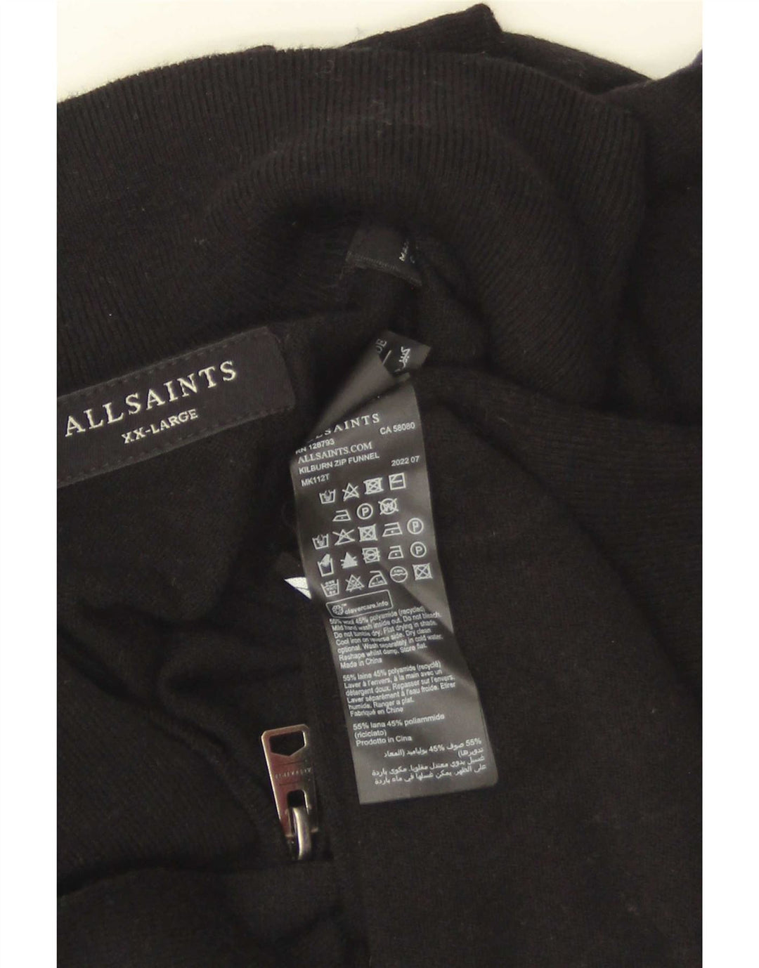 Suéter masculino All Saints com zíper e gola 2XL de lã preta