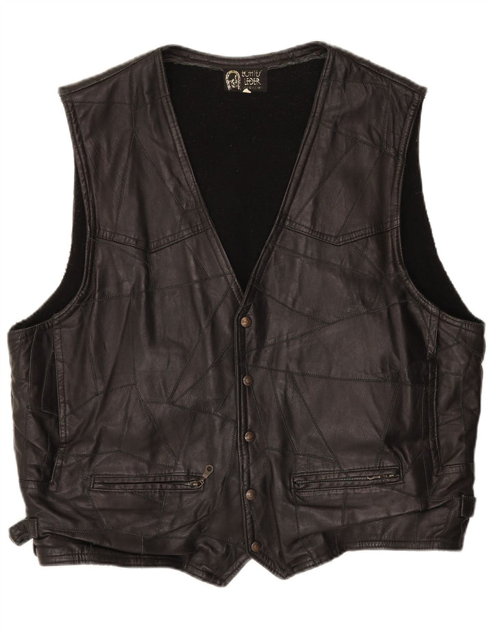 Colete de couro masculino VINTAGE UK 42 XL preto patchwork de couro