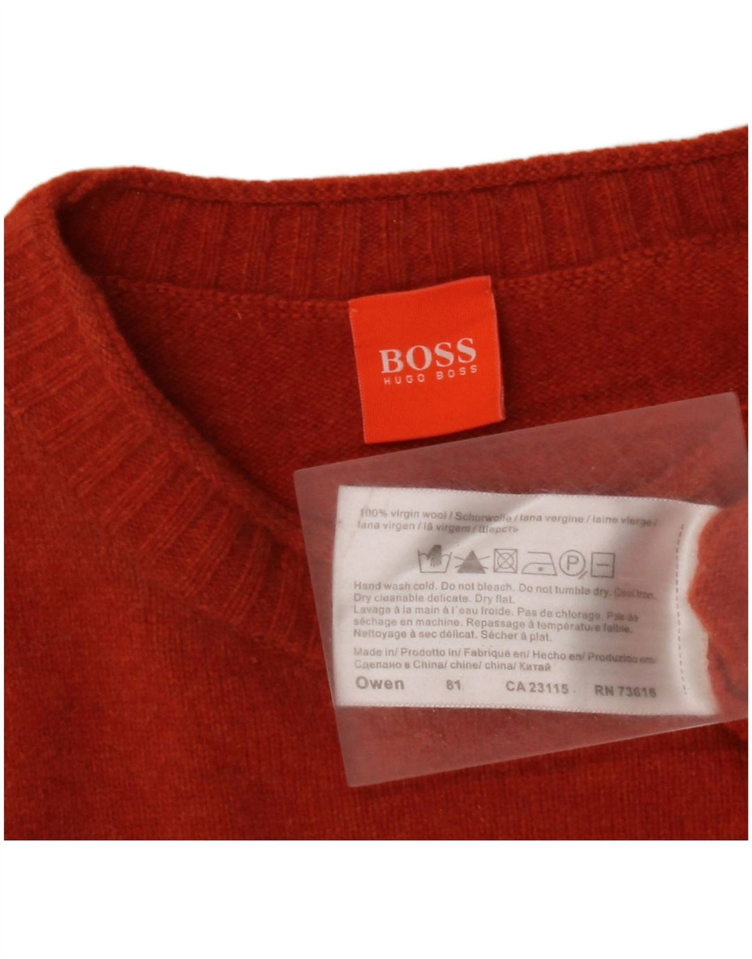 Suéter masculino HUGO BOSS com gola redonda e lã virgem média laranja